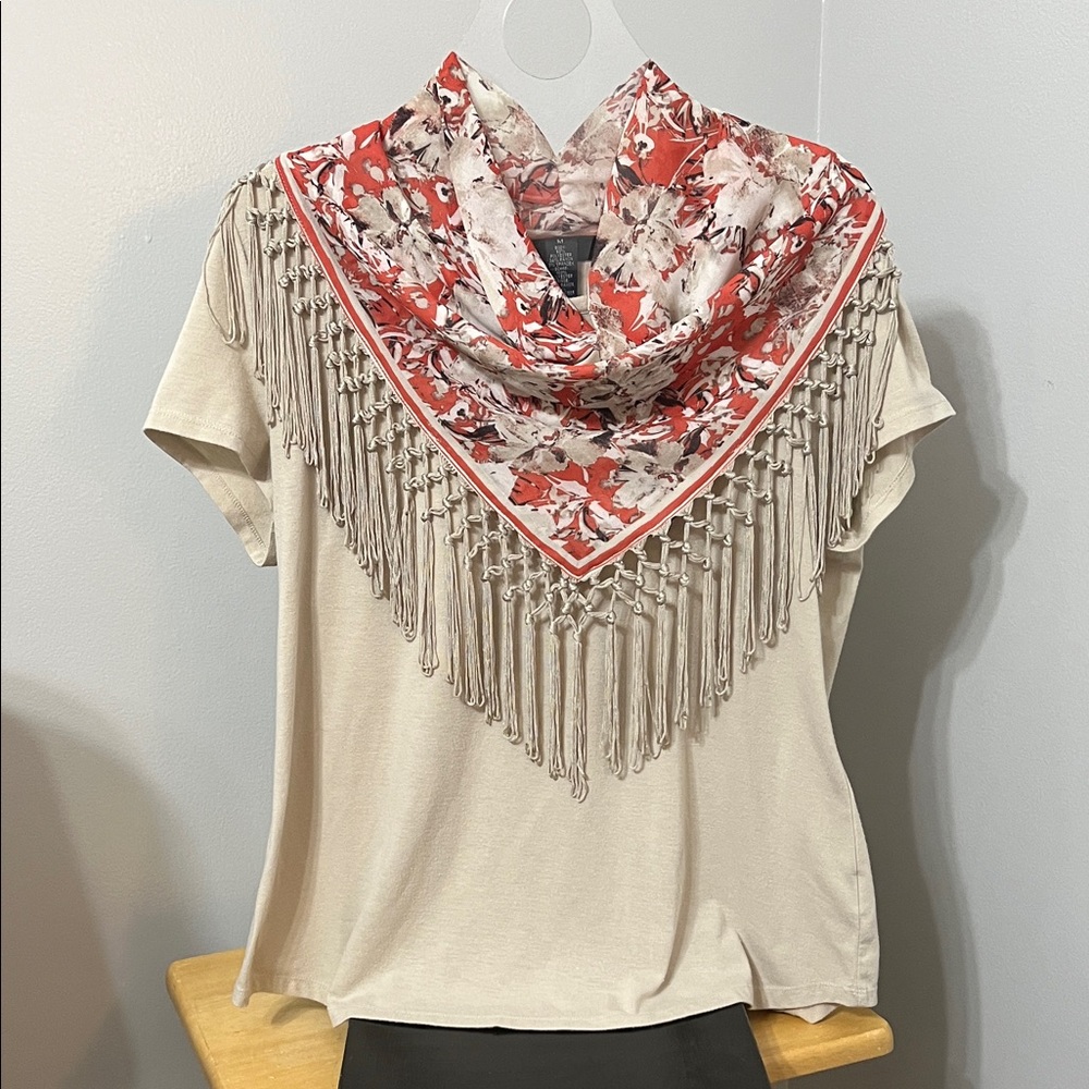 Style & Co. Cream Top with Brown and Orange Floral Scarf
